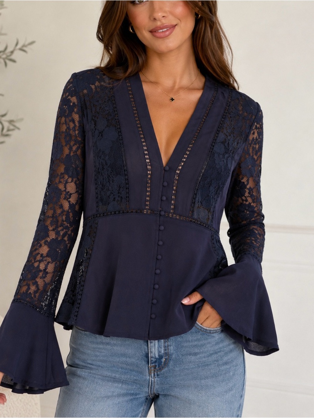 ASTR The Label Navy Lace Bell Sleeve Button-Front Blouse – Size L